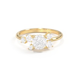 Round Gemstone Ring with Scattered Side Stones in 10K Solid Yellow Gold with White Premium Zirconia and Diamond