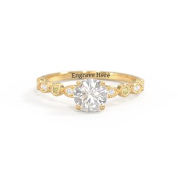 Round Gemstone Ring With Milgrain & Accents in 18K Gold Plated Silver with Cubic Zirconia, Citrine, and White Premium Zirconia