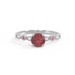 Round Gemstone Ring With Milgrain & Accents – Sterling Silver with Red Premium Zirconia, Ruby, and White Premium Zirconia