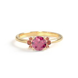 Round Gemstone Ring With Clustered Side Stones in 10K Solid Yellow Gold with Red Premium Zirconia and Garnet