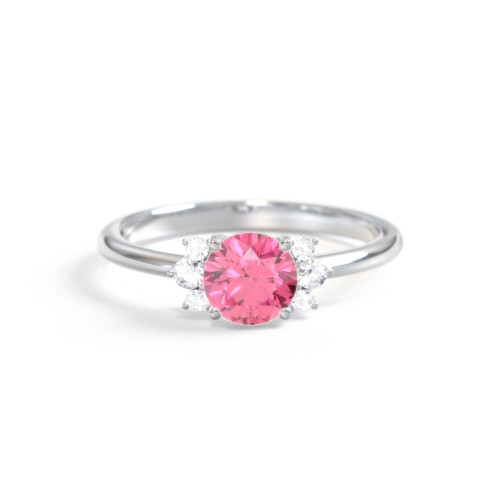 Round Gemstone Ring With Clustered Side Stones – 10K White Gold with Fancy Pink Premium Zirconia and Cubic Zirconia