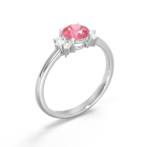 Round Gemstone Ring With Clustered Side Stones – 10K White Gold with Fancy Pink Premium Zirconia and Cubic Zirconia