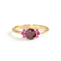 Round Gemstone Ring With Clustered Side Stones in 10K Solid Yellow Gold with Ruby