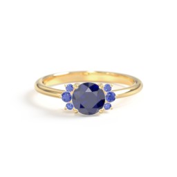 Round Gemstone Ring With Clustered Side Stones in 10K Solid Yellow Gold with Blue Sapphire