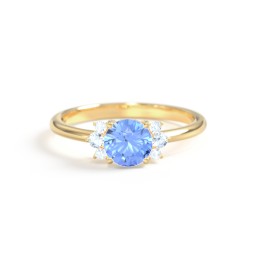 Round Gemstone Ring With Clustered Side Stones in 10K Solid Yellow Gold with Fancy Blue Premium Zirconia and Aquamarine