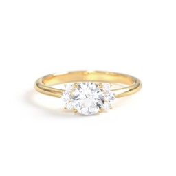 Round Gemstone Ring With Clustered Side Stones in 10K Solid Yellow Gold with White Premium Zirconia and Diamond