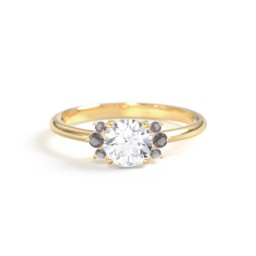 Round Gemstone Ring With Clustered Side Stones in 10K Solid Yellow Gold with White Premium Zirconia and Smokey Quartz