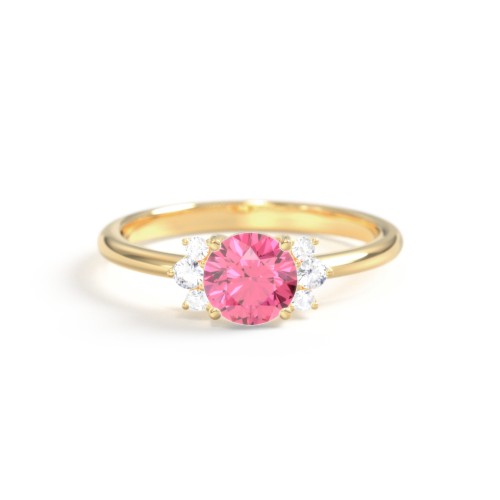 Round Gemstone Ring With Clustered Side Stones – 10K Yellow Gold with Fancy Pink Premium Zirconia and Cubic Zirconia