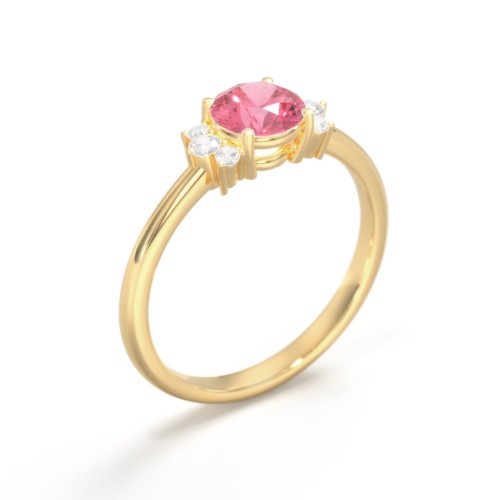 Round Gemstone Ring With Clustered Side Stones – 10K Yellow Gold with Fancy Pink Premium Zirconia and Cubic Zirconia
