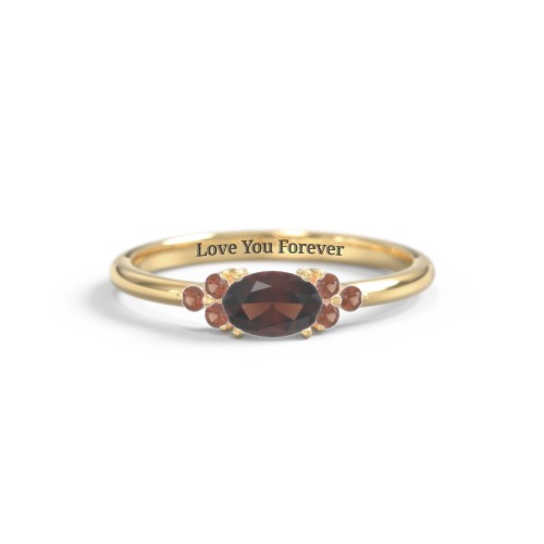 East-West Oval Gemstone Ring With Triple Side Stones – 18K Gold Plated Silver with Garnet
