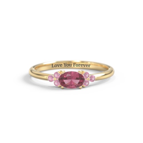 East-West Oval Gemstone Ring With Triple Side Stones – 18K Gold Plated Silver with Pink Tourmaline