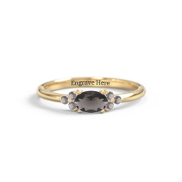 East-West Oval Gemstone Ring With Triple Side Stones in 18K Gold Plated Silver with Smokey Quartz