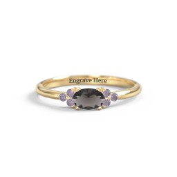 East-West Oval Gemstone Ring With Triple Side Stones in 18K Gold Plated Silver with Smokey Quartz and Alexandrite