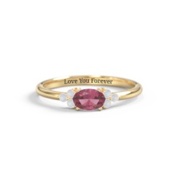 East-West Oval Gemstone Ring With Triple Side Stones in 18K Gold Plated Silver with Pink Tourmaline and Opal
