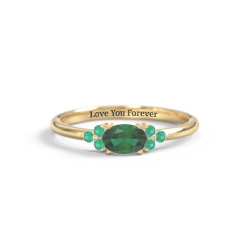 East-West Oval Gemstone Ring With Triple Side Stones – 18K Gold Plated Silver with Emerald