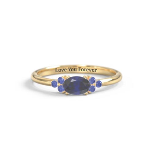 East-West Oval Gemstone Ring With Triple Side Stones – 18K Gold Plated Silver with Blue Sapphire