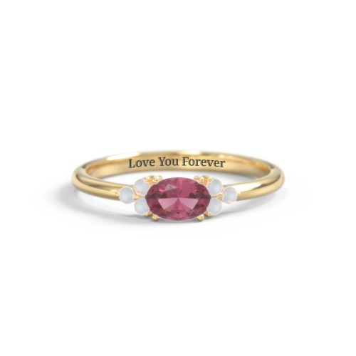 East-West Oval Gemstone Ring With Triple Side Stones – 18K Gold Plated Silver with Pink Tourmaline and Opal
