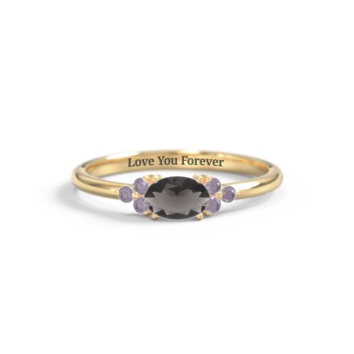 East-West Oval Gemstone Ring With Triple Side Stones – 18K Gold Plated Silver with Smokey Quartz and Alexandrite