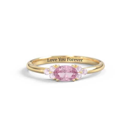 East-West Oval Gemstone Ring With Triple Side Stones – 18K Gold Plated Silver with Pink Tourmaline