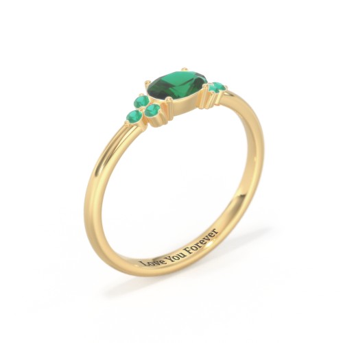 East-West Oval Gemstone Ring With Triple Side Stones – 18K Gold Plated Silver with Emerald