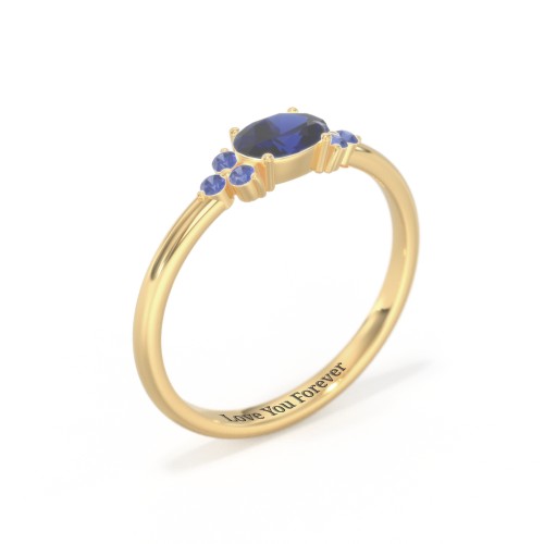 East-West Oval Gemstone Ring With Triple Side Stones – 18K Gold Plated Silver with Blue Sapphire