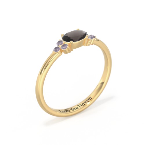 East-West Oval Gemstone Ring With Triple Side Stones – 18K Gold Plated Silver with Smokey Quartz and Alexandrite