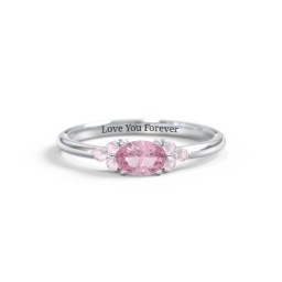 East-West Oval Gemstone Ring With Triple Side Stones in 925 Sterling Silver with Pink Tourmaline