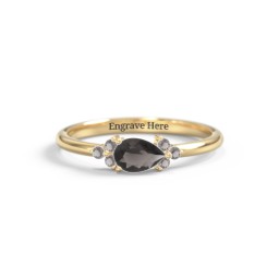 East-West Pear Gemstone Ring With Triple Side Stones in 18K Gold Plated Silver with Smokey Quartz