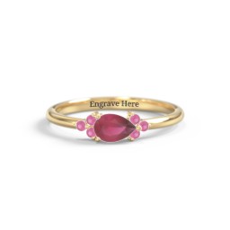 East-West Pear Gemstone Ring With Triple Side Stones in 18K Gold Plated Silver with Ruby