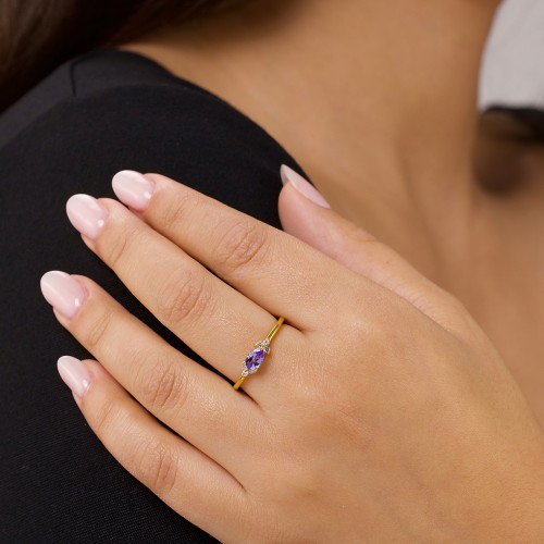 East-West Pear Gemstone Ring With Triple Side Stones – 18K Gold Plated Silver with Ruby