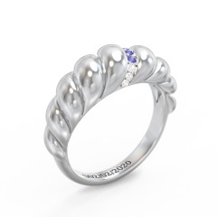 Thin Croissant Dome Ring with Gemstones – Sterling Silver with Blue Sapphire and Cubic Zirconia