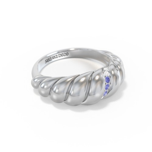 Thin Croissant Dome Ring with Gemstones – Sterling Silver with Blue Sapphire and Cubic Zirconia