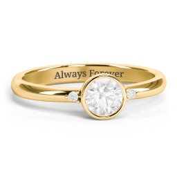Round Bezel Solitaire with Twin Accents Ring in 18K Gold Plated Silver with Diamond and White Premium Zirconia