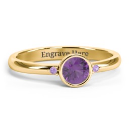 Round Bezel Solitaire with Twin Accents Ring in 18K Gold Plated Silver with Amethyst, Amethyst Premium Zirconia, and White Premium Zirconia