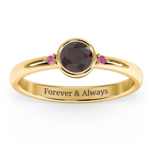 Round Bezel Solitaire with Twin Accents Ring – 18K Gold Plated Silver with Garnet and Red Premium Zirconia
