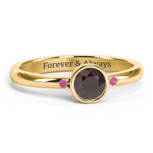 Round Bezel Solitaire with Twin Accents Ring – 18K Gold Plated Silver with Garnet and Red Premium Zirconia