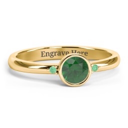 Round Bezel Solitaire with Twin Accents Ring in 18K Gold Plated Silver with Emerald, Green Premium Zirconia, and White Premium Zirconia