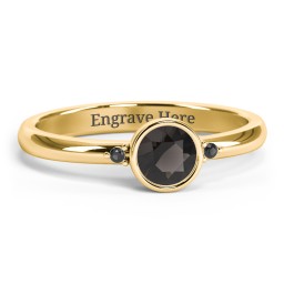 Round Bezel Solitaire with Twin Accents Ring in 18K Gold Plated Silver with Smokey Quartz, Black Premium Zirconia, and White Premium Zirconia