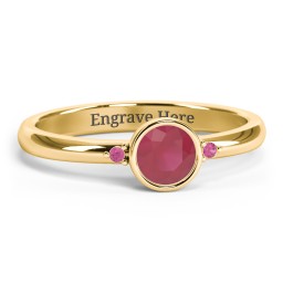 Round Bezel Solitaire with Twin Accents Ring in 18K Gold Plated Silver with Ruby, Red Premium Zirconia, and White Premium Zirconia