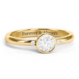 Round Bezel Solitaire with Twin Accents Ring in 18K Gold Plated Silver with Lab Diamond, Diamond, and White Premium Zirconia