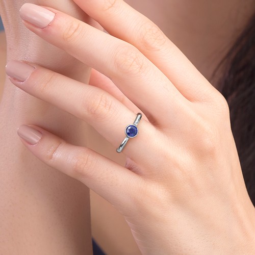 Round Bezel Solitaire with Twin Accents Ring – 18K Gold Plated Silver with Lab Diamond and Diamond