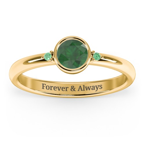 Round Bezel Solitaire with Twin Accents Ring – 18K Gold Plated Silver with Emerald and Green Premium Zirconia