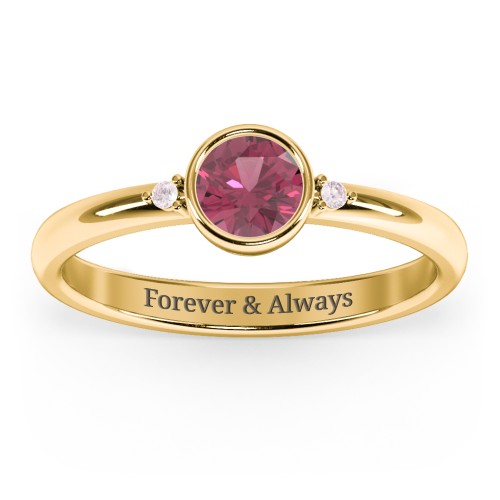 Round Bezel Solitaire with Twin Accents Ring – 18K Gold Plated Silver with Pink Tourmaline and Fancy Pink Premium Zirconia