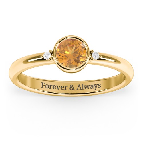 Round Bezel Solitaire with Twin Accents Ring – 18K Gold Plated Silver with Citrine and White Premium Zirconia