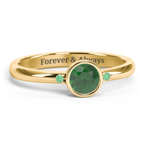 Round Bezel Solitaire with Twin Accents Ring – 18K Gold Plated Silver with Emerald and Green Premium Zirconia