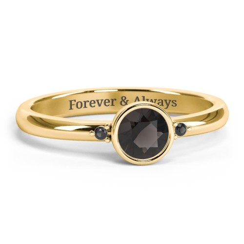 Round Bezel Solitaire with Twin Accents Ring – 18K Gold Plated Silver with Smokey Quartz and Black Premium Zirconia