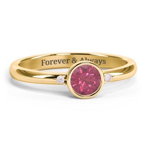 Round Bezel Solitaire with Twin Accents Ring – 18K Gold Plated Silver with Pink Tourmaline and Fancy Pink Premium Zirconia