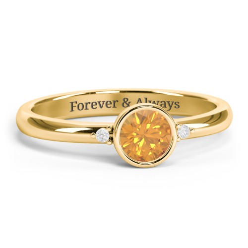 Round Bezel Solitaire with Twin Accents Ring – 18K Gold Plated Silver with Citrine and White Premium Zirconia
