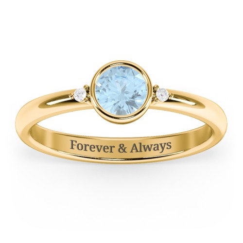 Round Bezel Solitaire with Twin Accents Ring – 10K Yellow Gold with Aquamarine and White Premium Zirconia