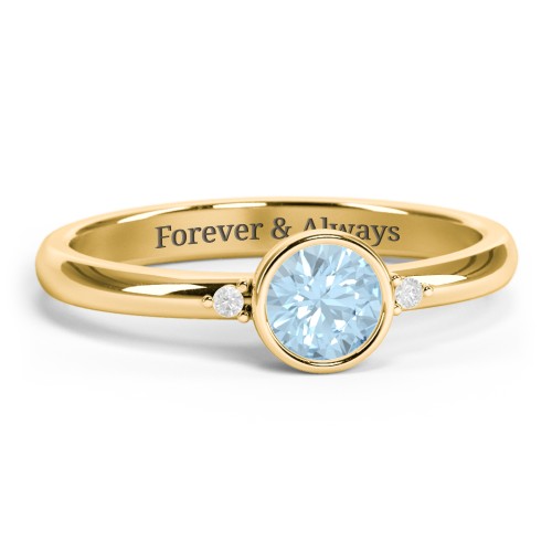 Round Bezel Solitaire with Twin Accents Ring – 10K Yellow Gold with Aquamarine and White Premium Zirconia
